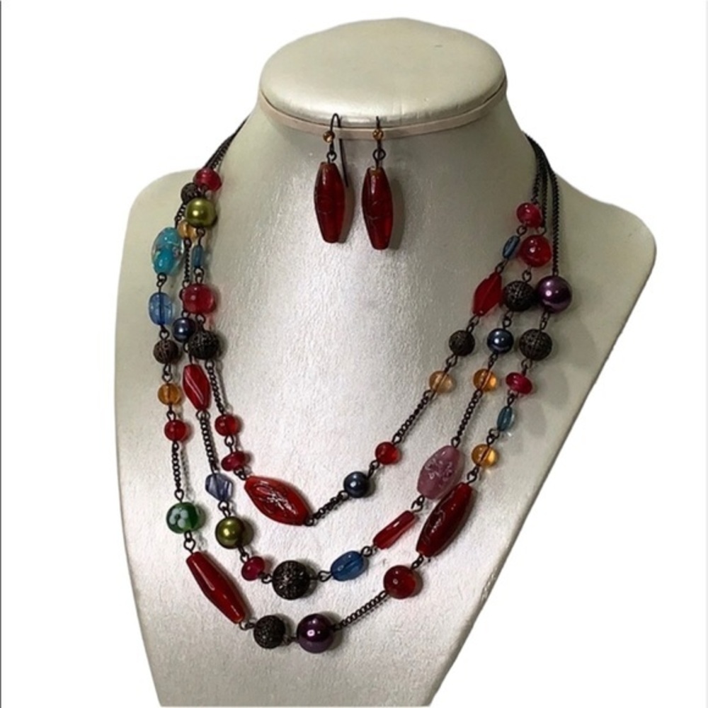 VGT Avon glass pearls & metal beads triple strand multicolor necklace w earrings
